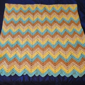 Vintage Chevron Crochet Blanket in Yellow, Brown, and Mint Green